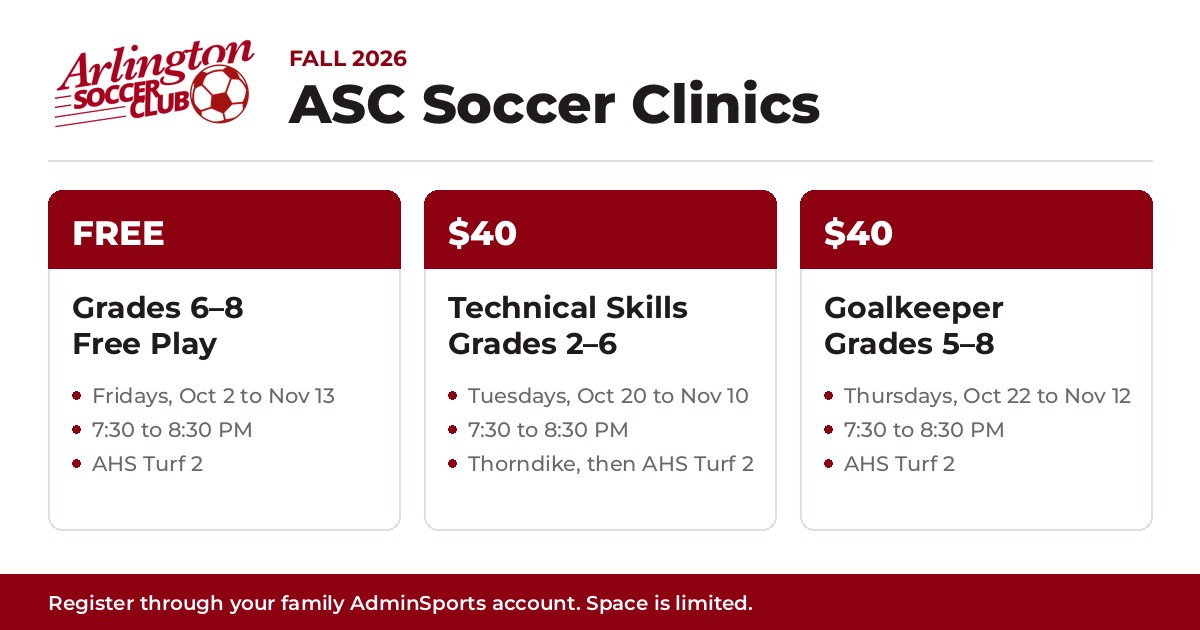 Fall 2026 ASC Soccer Clinics: Grades 6-8 free play, technical skills, and goalkeeper clinics