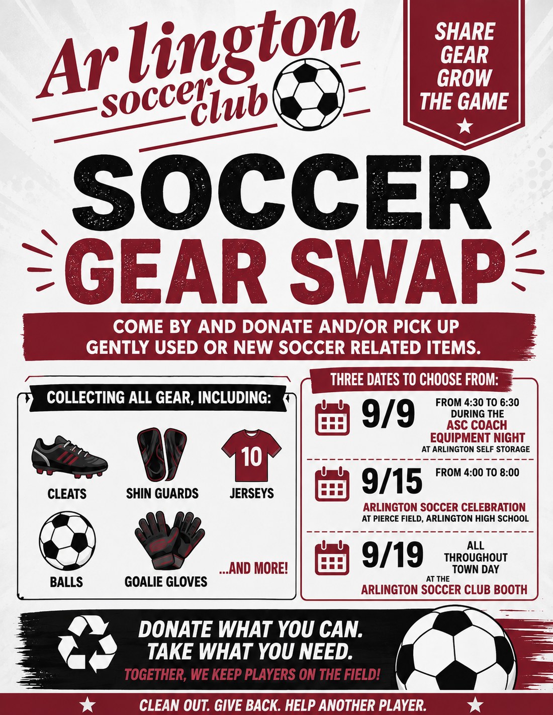 ASC Soccer Gear Swap: donate what you can, take what you need. September 9, 15 and 19.